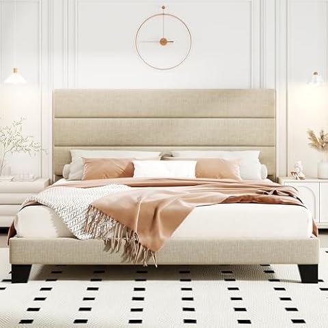 HOOMIC King Size Bed Frame with Headboard, Fabric Upholstered Platform Bed with Strong Wood Slats Support, Mattress Foundation, No Box Spring Needed, Beige Cover