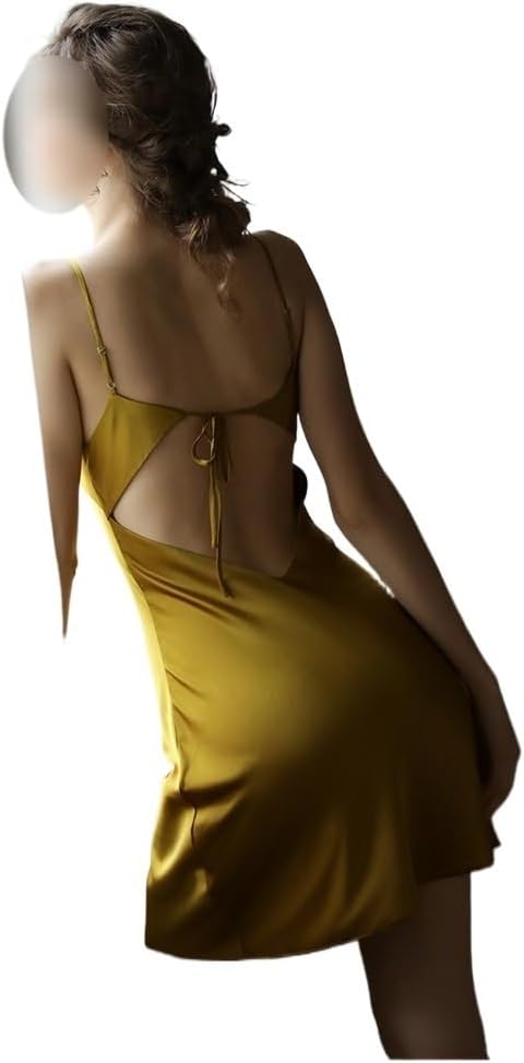 Women's Sexy Smooth Silk Pajamas Backless Sleep Lounge Nightgown Spaghetti Strap Yellow Sleepshirts