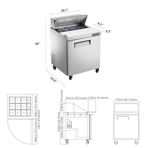 Image of JINSONG 27 inch Sandwich & Salad Prep Table, Stainless Steel Refrigerated Prep Station with Cutting Board, 7.4 cu. ft Commercial Fridge with 12 Pans for Restaurants, Bars & Shops
