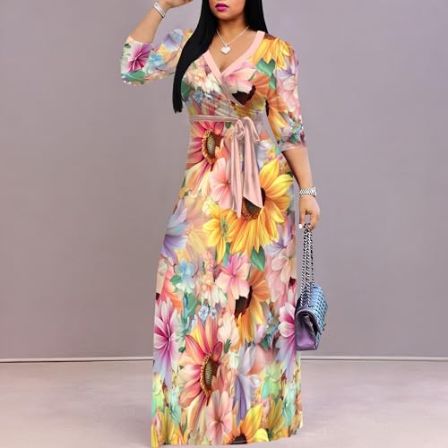 Image of Plus Size Maxi Dress for Women V Neck Flowy Dresses with Pockets for Wedding Guest Church