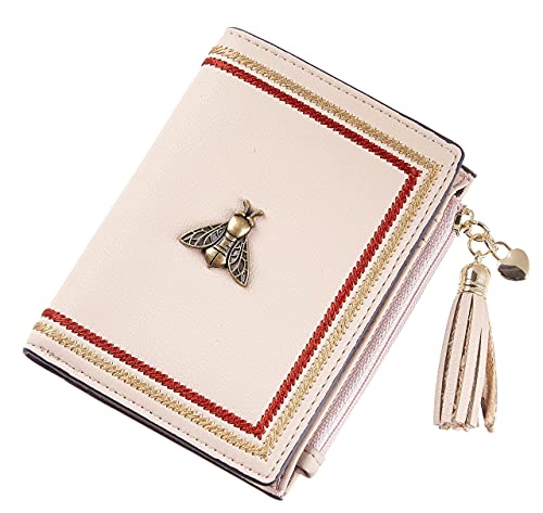 Gostwo Womens Small Bifold Slim Mini Wallet Purse with Tassel and Zippered Coin Pocket(Pink Champagne)