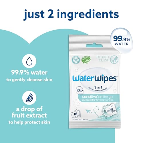 Image of WaterWipes Sensitive+ On The Go Wipes, 3-In-1 Cleans, Cares, Protects, 99.9% Water, Unscented & Hypoallergenic Wet Wipes, 28 Count (Pack of 2)