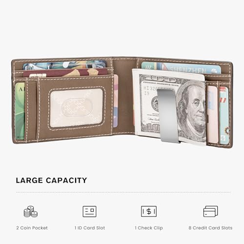Genuine Leather RFID Money & Check Clip, Card Holder, Bifold Wallet for Women Men (Caramel Brown)3