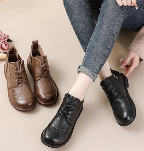 Myallfeet Women's Leather Lace Up Flat Bottomed Side Zippered Ankle Boots Retro British Style Round Toe Soft Sole Casual Anti Slip Leather Boots2