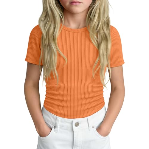 YooAurvox Girls Shirt Short Sleeve Basic Top Tween Summer Ribbed T-Shirt Teen Cute Fitted Soft Tee for Kids Aged 5-14(Orange 5-6 Years)