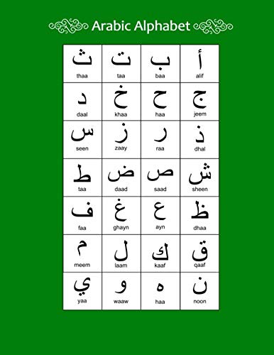 Arabic Alphabet: A4 Green Arabic Notebook with Arabic Alphabet table, 8.5x11", Blank lined wide ruled paper with right margin for right to left Arabic writing, perfect bound, Soft back