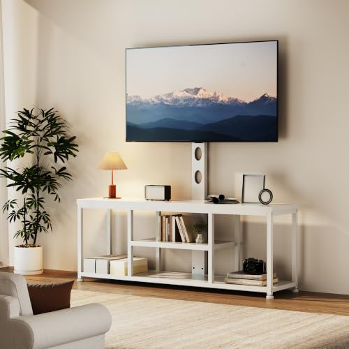 Image of LIVEHOM TV Stand with Mount for 75 Inch TV, Media Console for Living Room | Height Adjustable Mount, Open Metal & Wood Frame; Multi-Tier Open Shelving for Soundbars, Devices, and Decor.