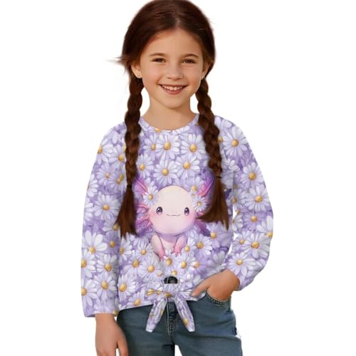 Casual Girls Long Sleeve T-Shirt,Comfortable Crew Neck Girls Shirt,Loose Teens Front Knot Tops for Sport