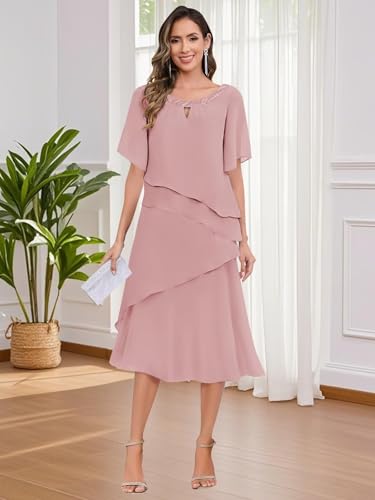 Tea Length Mother of The Bride Dresses for Women Chiffon Sequin Neck Short Sleeve A Line Formal Evening Gown4