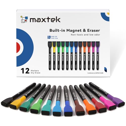maxtek Magnetic Dry Erase Markers with Eraser - 12 Count Colorful Fine Tip Whiteboard Markers for Kids, Low Odor Whiteboard Markers for Calendar Boards White Board