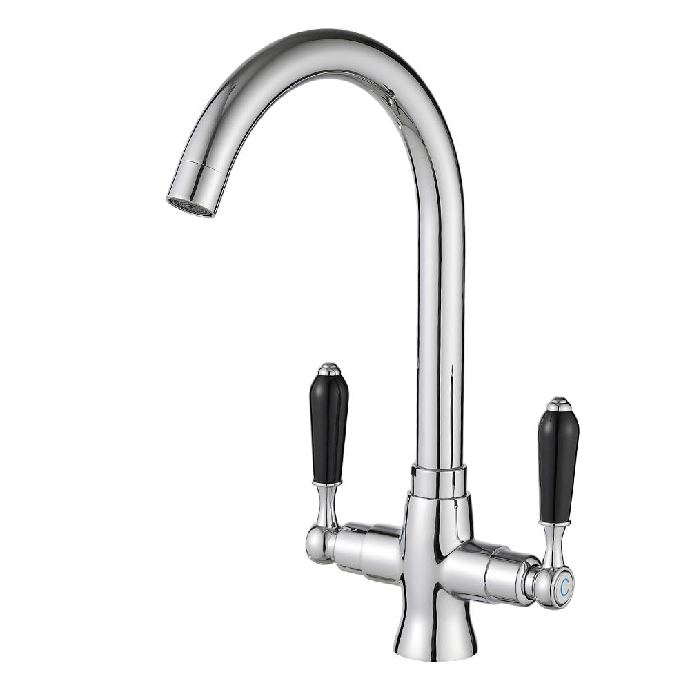 Heable Chrome Kitchen Sink Mixer Tap with Black Ceramic Dual Lever Monobloc Victorian Style Kitchen Taps 1 Hole Elegant Swivel Mono Traditional Sink Faucet with UK Standard Fittings