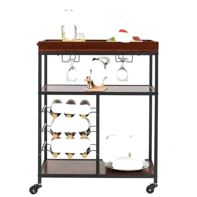 3 Tier Kitchen Trolley Utility Bar Serving Cart with Wine Rack & Glass Holder-AGGxmn1h