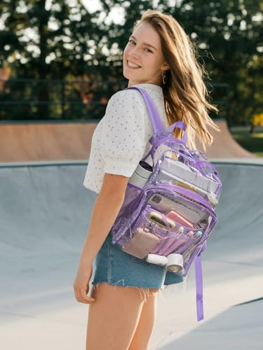 Image of Clear Backpack for School, 17 inch Large Heavy Duty-TPU See Through Bookbag for Boys Girls and Adult, Transparent Backpack With Multi-Pockets for College Work Gym Sport, Light Purple