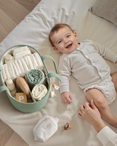 Image of Blissful Diary Baby Diaper Caddy Organizer, Cotton Rope Diaper Caddy Basket, Oval Storage Basket, Gift for Baby Shower, Newborn Essentials, Green
