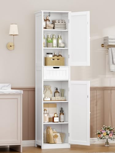 TEENFON Badezimmerschrank Schmal mit voller 40 cm Breite，Badschrank mit 2 Türen und 1 Schublade, Hochschrank mit Verstellbaren Regalen für Badezimmer, Wohnzimmer, Flur, Küche, 40x30x170 cm, Weiß