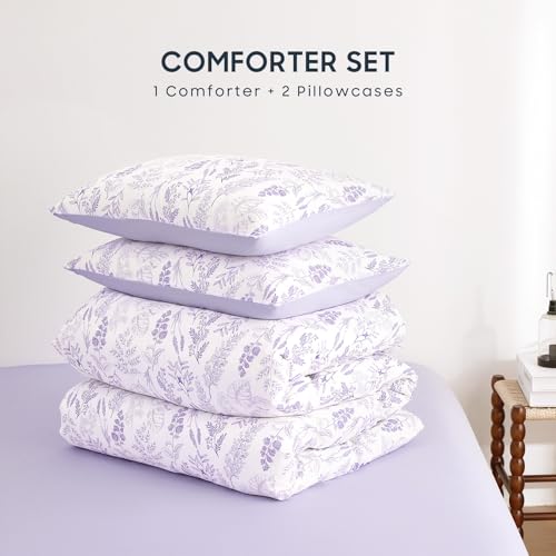 Image of Wake In Cloud - Floral Comforter Set, Botanical Vintage Flower Coquette Cottagecore Aesthetic for Women Teen Girls, Soft Lightweight Dorm Bedding, 3 Pieces, Lilac, Queen Size