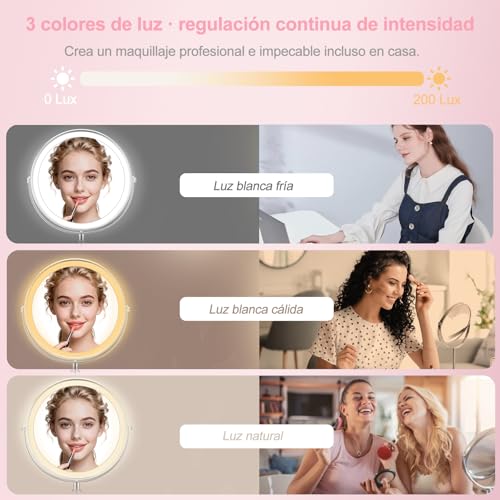 Miniatura 4 de Espejo Maquillaje Con Luz Recargable, Espejo Aumento De Doble Cara 10x 1x, Rotación 360 , Altura Ajustable 38-48 Cm, 3 Tonos De Luz Y Brillo Regulable Continuamente, Batería 2000 Mah, Plateado