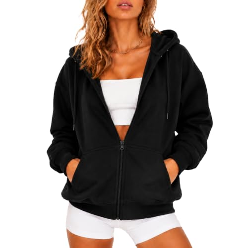 Image of DOINEUFL Women Zip Up Hoodies UK Ladies Oversized Long Sleeve Sweatshirt Hoodie Jacket with Pockets and Adjustable Drawstring Casual Wear (UK, Alpha, M, Regular, Regular, Black)
