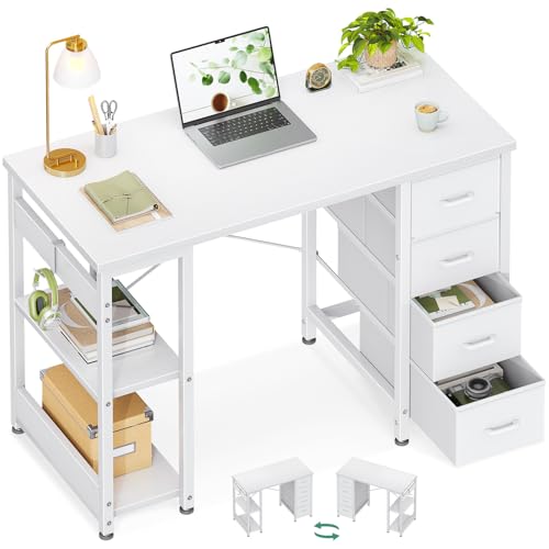 ODK 40Inch Computer Desk with 4 Fabric Drawers and 2 Storage Shelves,Reversible Office Desk with Headphone Hook & Metal Legs,Modern Study Table, Suitable for Home Office, 100 * 40 * 75.7, White