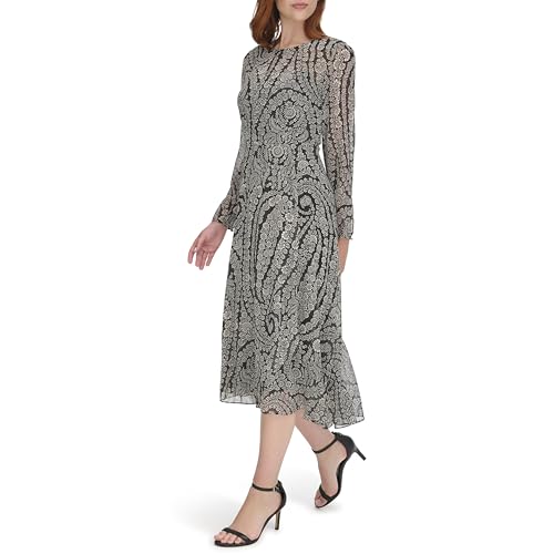 Image of Tommy Hilfiger Women's Long Sleeve Keyhole Neck Chiffon Hi-lo Midi Dress