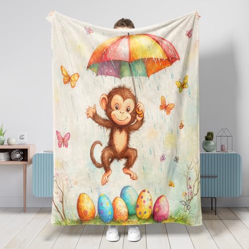 Manta de primavera y Pascua, mono, 50 x 60 pulgadas, divertida manta de franela cálida y esponjosa para dormitorio, camping, viajes, decoración de sofá de animales