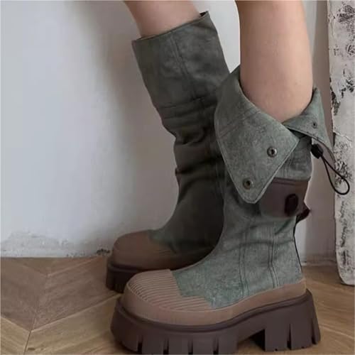 Vintage Cowboy Boots For Women Denim Chunky Heel Western Shoes High Knee Boots Women's Mid-Calf Cowgirl Boots Adjust4