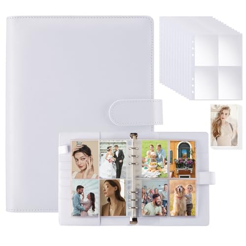 A5 Kpop Photocard Binder - 6 Ring A5 Binder Card Collector Album Photocard Holder Book with 200 Card Slots, PU Leather Cover & Magnetic Buckle Closure for Fujifilm Instax Mini straykids Albums, White