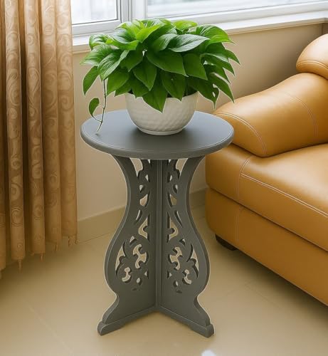Image of Brown Art SHOPPEE Round End Tables Living Room,Narrow Night Stands Round Side Table for Bedrooms, Antique Carved Coffee Table,Pedestal Plant Stand for Balcony (White1) (Full Grey)