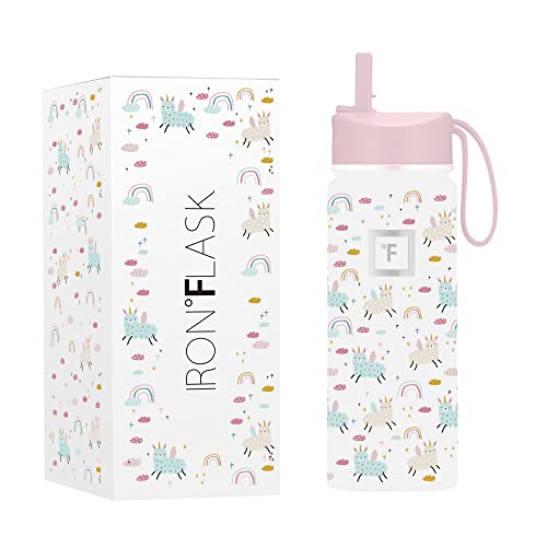 Iron °Flask Kids Water Bottle - 18 Oz, Straw Lid, 20 Name Stickers, Vacuum Insulated Stainless Steel, Double Walled Tumbler Travel Cup, Thermo Mug, Metal Canteen Llama Rainbow #TOP12