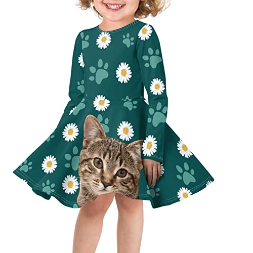 Cute Cat Dog Print Skater Dress for Girls Swing Loose Fit Flare Long Sleeve Twirly T Shirt Dress 4-16 Years Old2