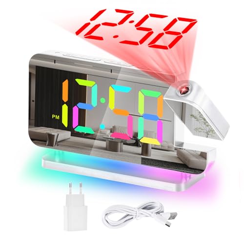 U-picks Wecker Mit Projektion,RGB Wecker,7.4' LED-Spiegeluhr mit um 180°Drehbarem Projektor,11...
