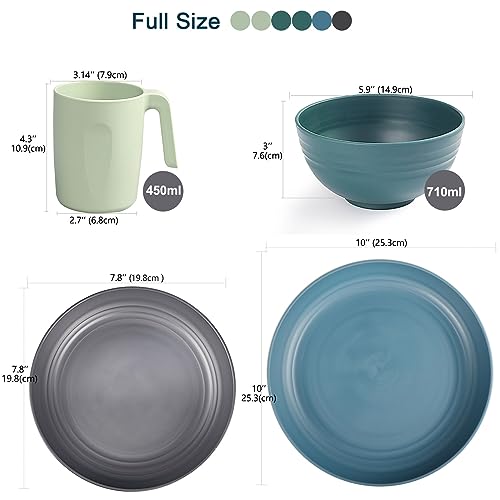 Unbreakable Plastic Dinnerware Set, Lightweight Camping Tableware with 6 Dinning Plates, 6 Dessert Plates, 6 Bowls, 6 Cups for Adults, Service for 6, Microwave&Dishwasher Safe