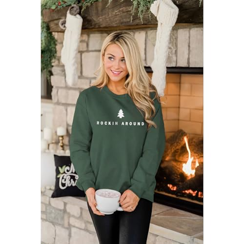 Women Christmas Tree Sweatshirt Rock Around The Xmas Tree Pullover Sweater Crew Neck Long Sleeve Oversized Tops
