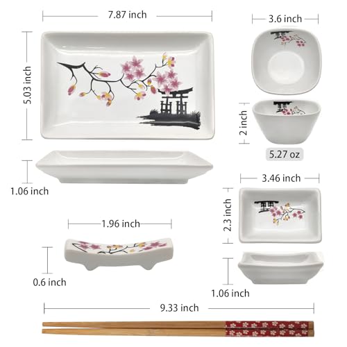 Image of 8 pcs Japanese Sushi Plate Sets Serving Platters and Trays for Entertaining Sushi Dishes Set Plates Sushi Plates Traditional Cuisine Dinnerware Sets with Chopsticks Pink Sakura