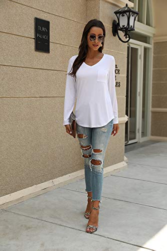 Tobrief Womens T Shirts Long Sleeve V Neck Loose Casual Basic Tee Tops (M, White-5)