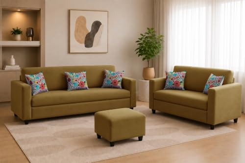 Image of Rosebell 3+2 Fabric Sofa Set with Ottoman | Premium Upholstery 5-Seater Sofa | with Printed Cushions | Living Room Furniture |Golden-Color