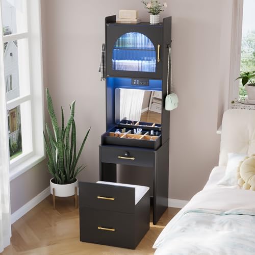 NUNU LAB Small Vanity Desk with LED Lighted Mirror, 3 in 1 Vanitys Table Set with Flip Top Mirror Dressing Table Set and Chair, Makeup Tables with Stooland Hidden Storage Shelves for Bedroom