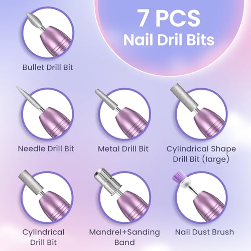 Nagelfräser, Fräser für Gelnägel, 20000 u/Min Verstellbare Geschwindigkei Nagelfräser für Gelnägel, Tragbares Maniküre Set Elektrische Nagelfeile mit 6 Bohrern für Gelnägel und Acrylnägel
