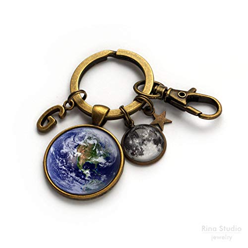 Personalized Earth and Moon Keychain Planet Key Chain Astronomy Key-chain Science Custom Initial Gift2