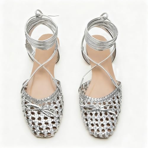 Silver Lace Up Ballet Flats Sandals for Women Woven Strappy Flats Sandals Ballerina Heels Cute Bow Dressy Closed Square Toe Summer Flat Shoes with Bowknot Tie Up Sandal Beach Party Wearing,Size 9 by Seborluys - Used condition - Image 5