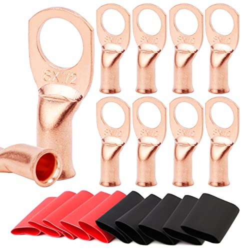 Image of 10pcs 8 AWG-1 /2 inch Battery Lugs,Copper Wire Lugs,UL Listed Heavy Duty Battery Cable Ends,Tubular Ring Terminals,AWG Crimp Wire Ring Lugs,Battery Terminal Connectors with 3:1 Heat Shrink Tubing