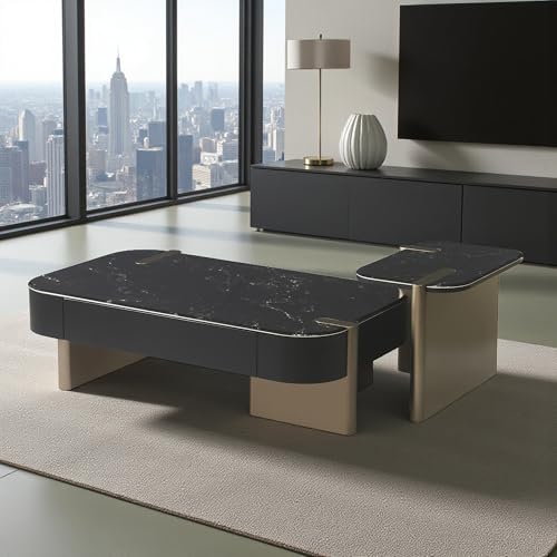 Image of The Attic Obsidian Luxe Modern Black Marble & Gold Coffee Table Set - Dual-Tier Designer Center Table with Storage for Living Room Elegance