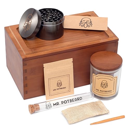 Stash Box Kit aus Bambus Getrocknete Kräuter Aufbewahrung Zubehör Set mit Grinder, Geruchsabsorber Inkl. 2 luftdichten Behältern, Stopfwerkzeug und Tablett