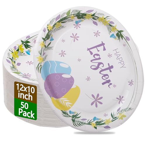 WDF 50Pack Easter Paper Plates - Oval Paper Plates 10" x 12" for Party Supplies Easter Eggs Large Disposable Platter for Easter Serving Tray