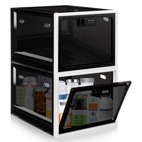 Gemaxvoled 2 Pack Medicine Lock Box Large Capacity Premium Material Lockable Storage Bin Organizer Box with Combination Code for Safe Medication/Fridge Food/Snacks/Phone/Tablet Jail(Black)
