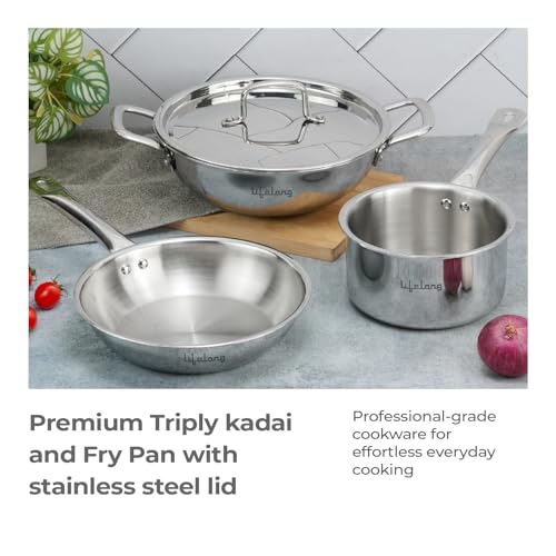 Lifelong 4 piece Triply cookware Set| Triply Kadai, Frypan & Saucepan for Cooking | 24 cm Kadai & Fry Pan 22 cm with Lid | 16 cmSauce Pan | Induction Bottom & Gas Stove Cookware (Silver, LLTPKFPSP01) view 2