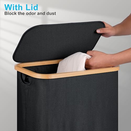 Image of efluky Slim Laundry Basket with Wheels, Narrow Rolling Laundry Hamper with Lid and Removable Bag, Aesthetic Dirty Clothes Hamper on Wheels for Laundry Room, Bedroom, Dorm and Bathroom, 75L Dark Black