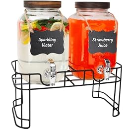 2 PACK 1 Gallon Glass Drink Dispensers Beverage Dispenser With Wooden Lids
