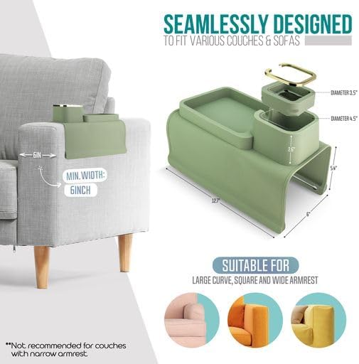 Couch Cup Holder Tray & Coffee Cup - Silicone Sofa Caddy for Arm Rest - Recliner Chair Remote Holder Table - Olive - Image 4