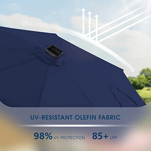 Bluu Maple 9 Ft Outdoor Solar Patio Umbrella Led Table Umbrellas With 16 Led Strip Lights & Hub Light, Aluminum Frame, 3 Years Fade Resistance & Uv Protection Olefin Fabric - Navy Blue #TOP2